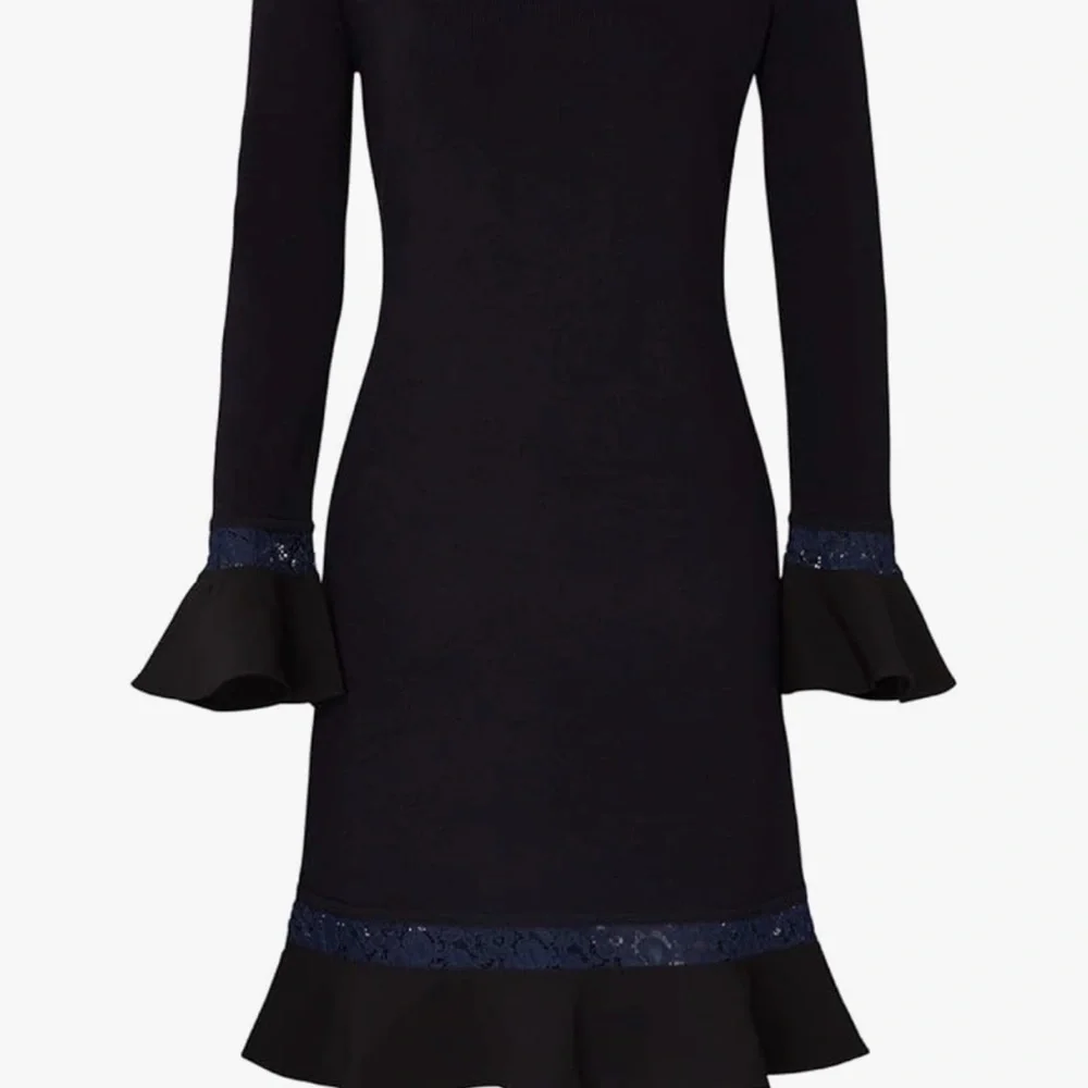 Tory Burch  Merino Wool Black Lace Hem Navy Blue Mini Dress Women Size L